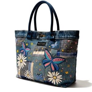 Handmade Patchwork Denim Butterfly Tote Bag Upcycled Handbag Daisy Floral